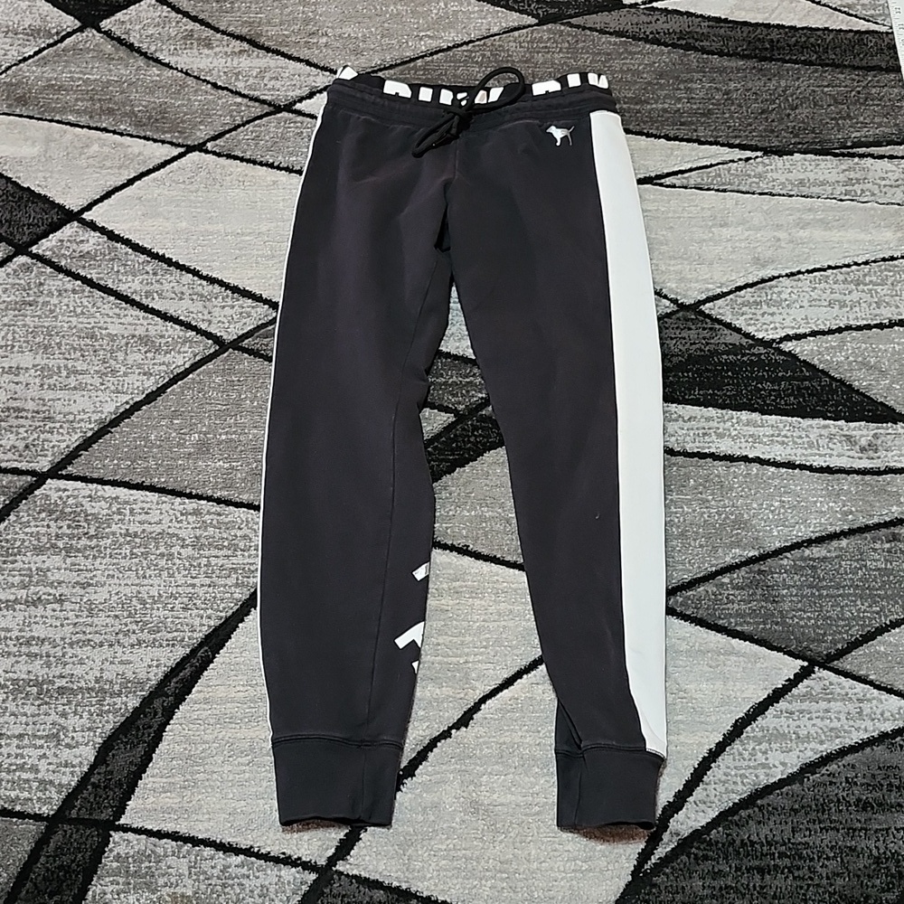 VS PINK 2015 BLACK DOUBLE WAISTBAND LOGO WHITE STRIPED JOGGERS SMALL